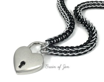 BDSM Submissive Day Collar Black and Silver with Heart Shaped Padlock