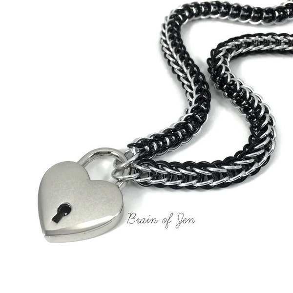BDSM Submissive Day Collar Black and Silver with Heart Shaped Padlock