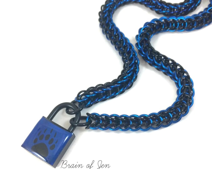 BDSM Slave Collar Bear Paw Print Submissive Collar Black & Cobalt Blue