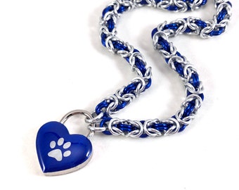 Submissive Day Collar Silver & Cobalt Blue Paw Print Heart Lock Padlock Necklace Puppy Kitten Slave Collar