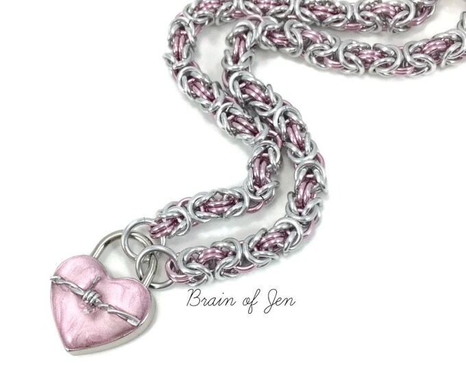 Pink and Silver Slave Collar with Barbed Wire Heart Lock Chainmail Padlock Choker Necklace