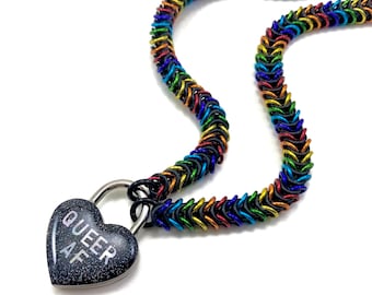 Pride Rainbow Submissive Day Collar Stretchy Padlock Necklace Queer AF BDSM Collar