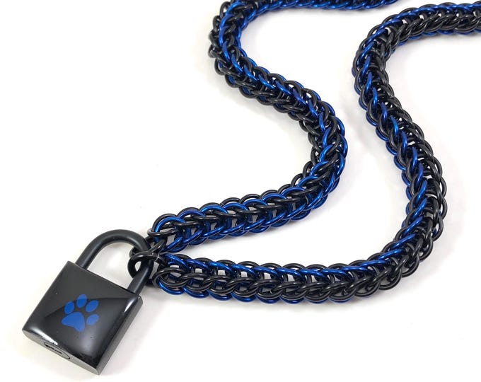 BDSM Slave Collar Black & Blue Paw Print Padlock Necklace Pup Kitten Submissive