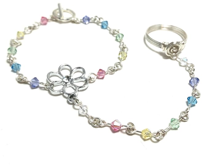 Pastel Rainbow Bracelet with Ring Attached Swarovski Crystal Hand Chain
