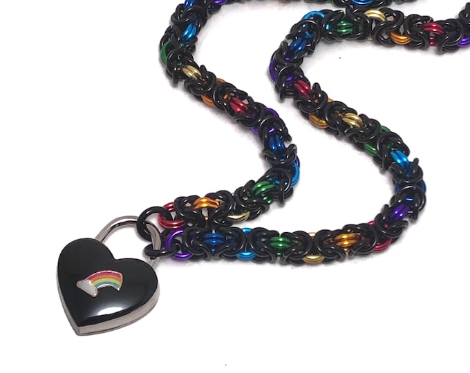 Rainbow LGBTQ Pride Submissive Day Collar with Small Heart Lock Choose Silver or Black