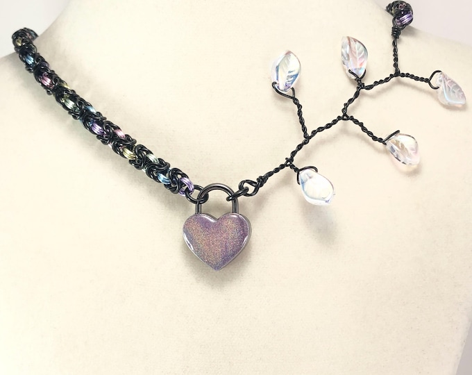 Black Pastel Rainbow Asymmetric Submissive Day Collar with Your Choice of Holographic Heart Lock