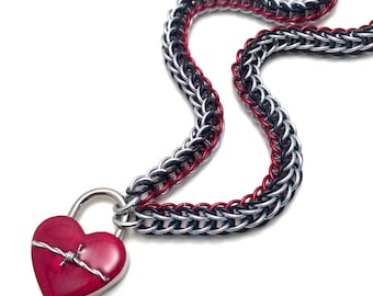 BDSM Slave Collar Silver, Black & Red with Heart and Barbed Wire Lock Submissive Day Collar