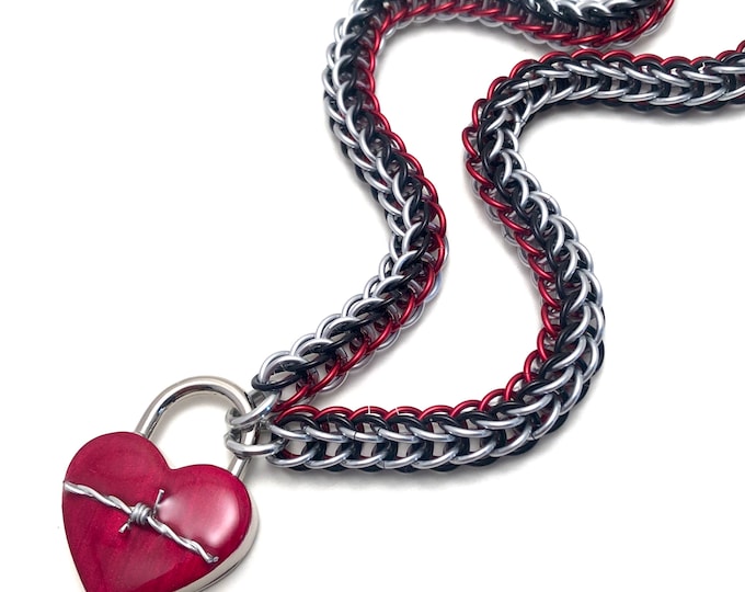 BDSM Slave Collar Silver, Black & Red with Heart and Barbed Wire Lock Submissive Day Collar