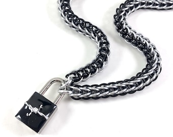 Mens BDSM Slave Collar Black & Silver Padlock Necklace with Barbed Wire Lock Submissive Day Collar