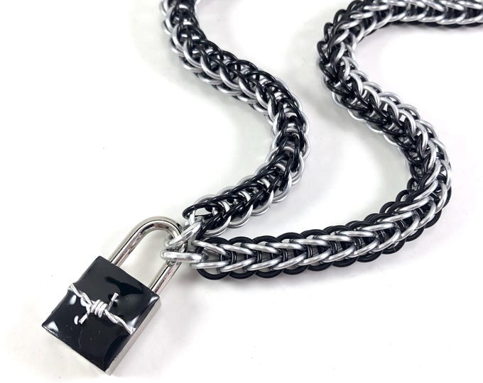 Mens BDSM Slave Collar Black & Silver Padlock Necklace with Barbed Wire Lock Submissive Day Collar