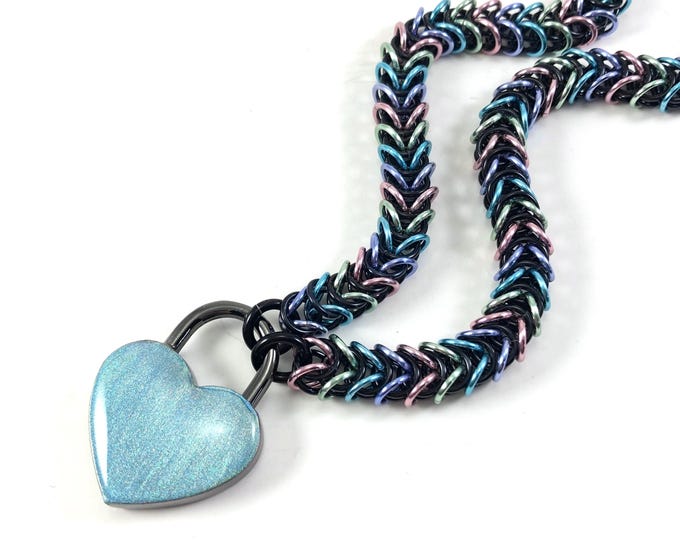 Black Pastel Rainbow BDSM Day Collar with Holographic Heart Lock