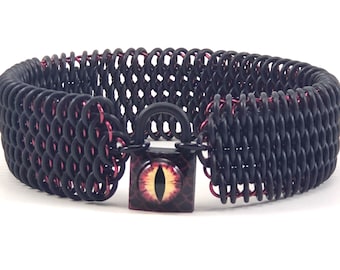 Dragon Eye Submissive Day Collar Black and Red Dragonscale Chainmail Choker Padlock Necklace