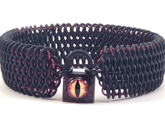 Dragon Eye Submissive Day Collar Black and Red Dragonscale Chainmail Choker Padlock Necklace