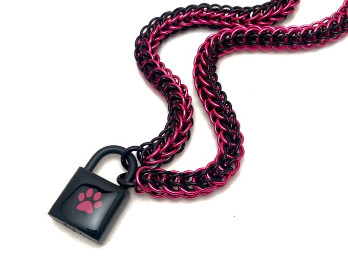 Unisex BDSM Slave Collar Black & Hot Pink Paw Print Locking Chainmail Choker Pup Kitten Sub