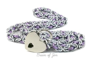BDSM Slave Collar Pale Lavender Purple and Silver with Heart Shaped Padlock