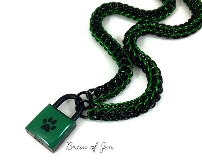 BDSM Submissive Day Collar Black & Green Paw Print Puppy Kitten Padlock Necklace