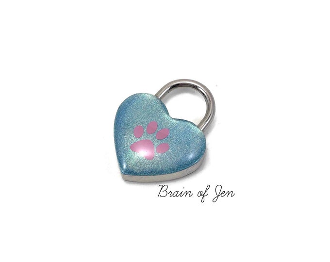 Small Baby Blue and Pink Paw Print Heart Lock