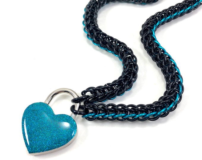 Submissive Day Collar Black and Teal Padlock Necklace with Sparkly Teal Heart Lock