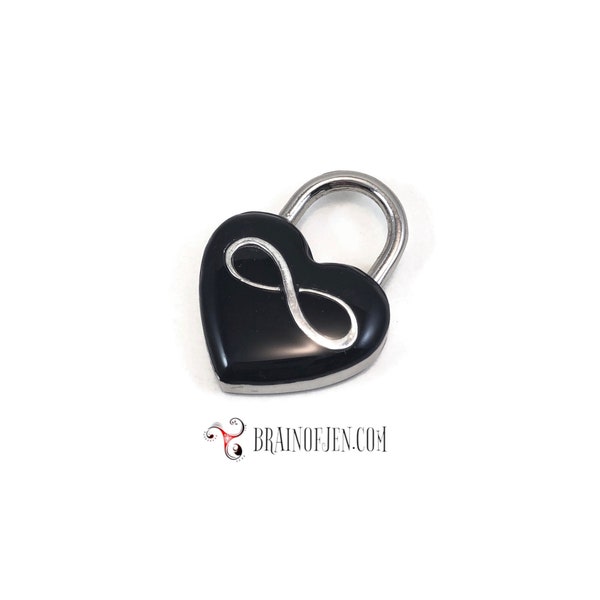Infinity Symbol Silver and Black Heart Shaped Working Lock for Slave Collars
