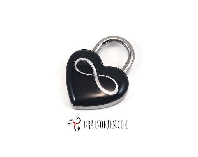 Infinity Symbol Silver and Black Heart Shaped Working Lock for Slave Collars