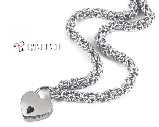 Slave Collar with Small Heart Lock Silver Chainmail Padlock Necklace