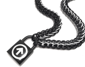BDSM Triskelion Symbol Slave Collar Black & Silver Chainmail Submissive Padlock Necklace