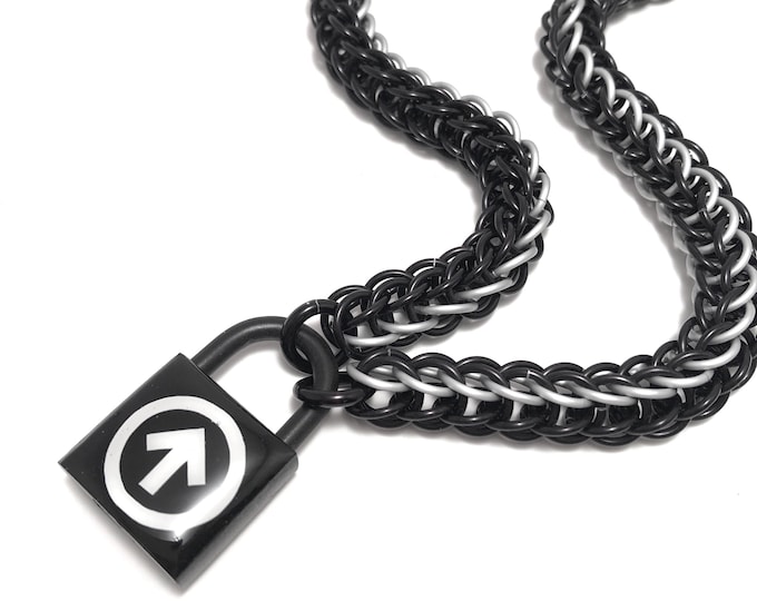 BDSM Triskelion Symbol Slave Collar Black & Silver Chainmail Submissive Padlock Necklace