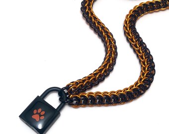Unisex BDSM Submissive Obroża Czarno-pomarańczowa z nadrukiem łapy, blokujący kolczuga, szczeniak, kociak, sub