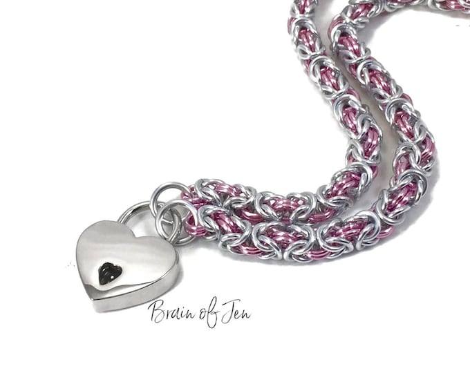 BDSM Slave Collar with Small Heart Padlock Silver and Pink Submissive Day Collar