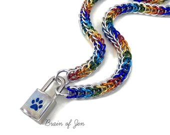 BDSM Collar Rainbow Gay Pride Submissive Day Collar with Holographic Paw Print Lock