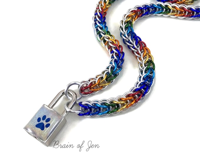 BDSM Collar Rainbow Gay Pride Submissive Day Collar with Holographic Paw Print Lock