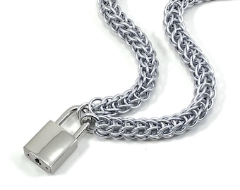 Unisex BDSM Slave Collar Silver Submissive Collar with Working Padlock