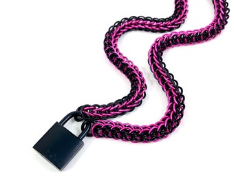 Chainmail Submissive Day Collar Black and Hot Pink with Gunmetal Black Padlock