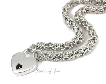 Sterling Silver Submissive Day Collar 925 Sterling Heart Lock and Byzantine Chainmail Choker BDSM Slave Collar