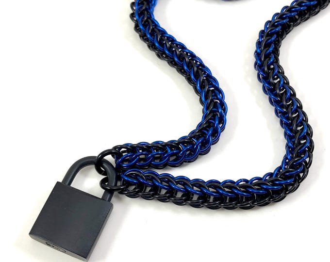Unisex BDSM Slave Collar Black and Blue Chainmail with Working Padlock