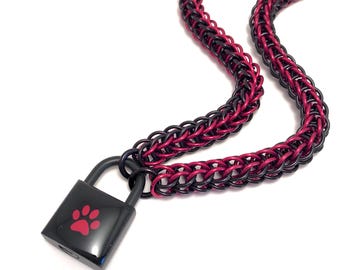 BDSM Slave Collar Black & Red Paw Print Padlock Necklace Pup Kitten Submissive