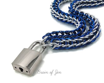 BDSM Slave Collar Cobalt Blue and Silver Chainmail Submissive Collar