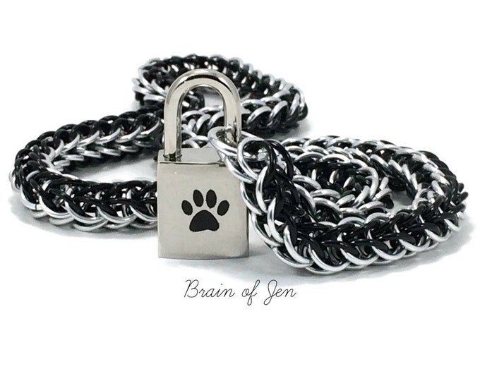 Unisex BDSM Slave Collar Black Paw Print Locking Chainmail Choker Pup Kitten Sub