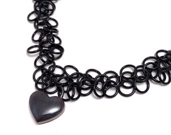 Black Submissive Day Collar Color Changing Heart Lock Chainmaille Fidget Padlock Necklace