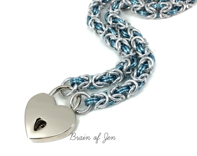 BDSM Slave Collar Pale Aqua Blue and Silver Heart Lock Submissive Collar