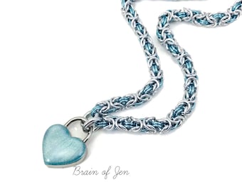 BDSM Slave Collar Silver & Aqua Blue Small Aqua Heart Padlock Necklace
