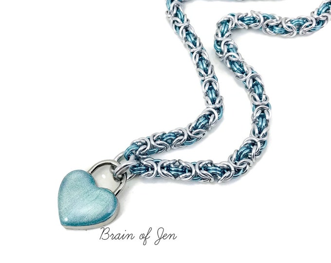 BDSM Slave Collar Silver & Aqua Blue Small Aqua Heart Padlock Necklace