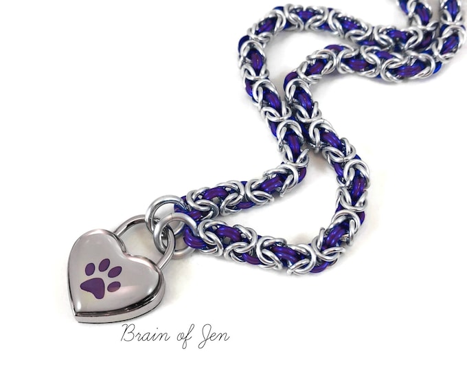 BDSM Collar Paw Print Chainmail Choker Necklace Heart Lock Silver and Purple Submissive Collar