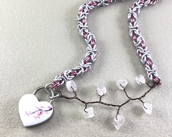 Cherry Blossom Submissive Day Collar White and Pink Asymmetric Padlock Necklace