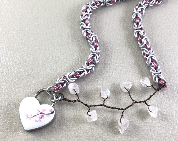 Cherry Blossom Submissive Day Collar White and Pink Asymmetric Padlock Necklace