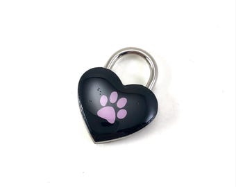 Heart Padlock with Lavender Paw Print on Black