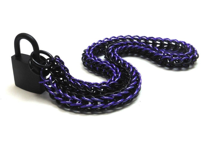 Unisex BDSM Slave Collar Black and Purple Chainmail Black Padlock Necklace