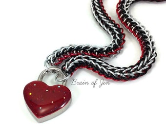 BDSM Slave Collar Silver Red and Black with Sparkly Blood Red Heart Shaped Padlock