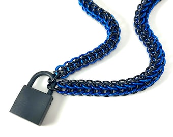 Unisex BDSM Slave Collar Black and Blue Chainmail with Working Padlock