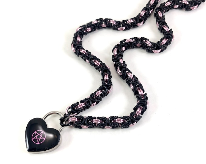 BDSM Collar Black & Pink with Pentagram Heart Lock Submissive Day Collar